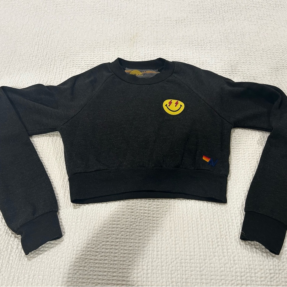Aviator Nation Smiley Bolt Eyes Cropped Sweatshirt XS